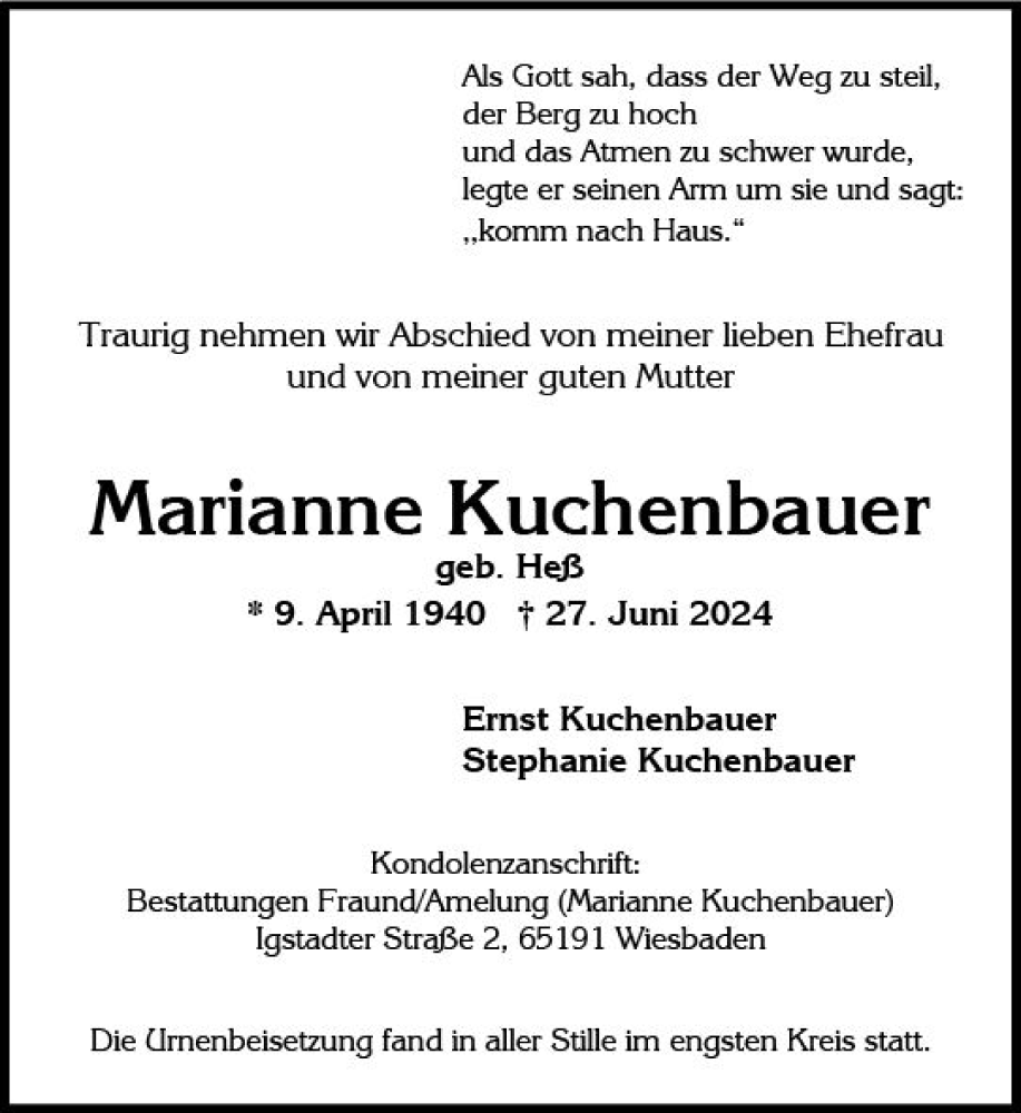 Traueranzeige für Marianne Kuchenbauer vom 13.07.2024 aus Wiesbadener Kurier