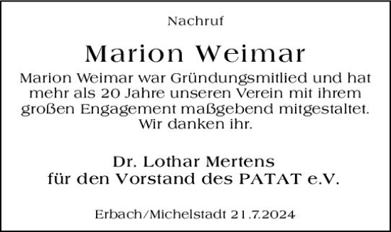 Traueranzeige von Marion Weimar von Odenwälder Echo