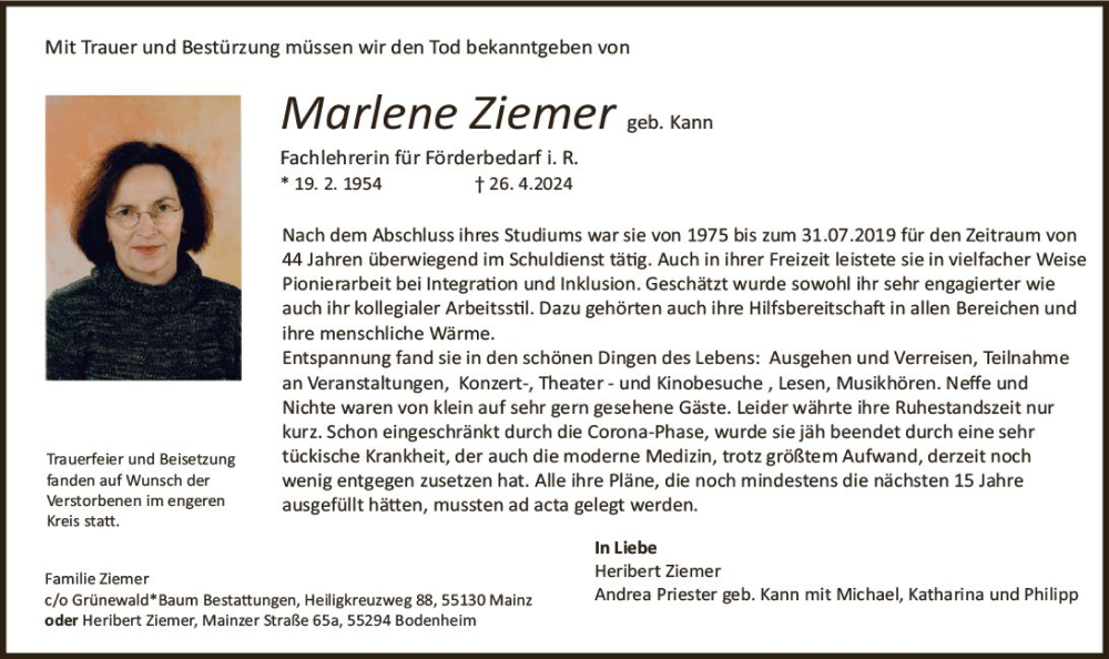  Traueranzeige für Marlene Ziemer vom 06.07.2024 aus Rüsselsheimer Echo