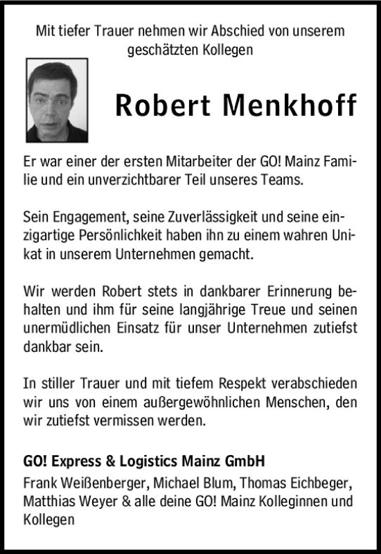 Traueranzeige von Robert Menkhoff von Allgemeine Zeitung Mainz
