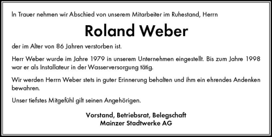 Traueranzeige von Roland Weber von Allgemeine Zeitung Mainz