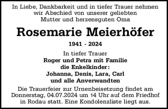 Traueranzeige von Rosemarie Meierhöfer von Darmstädter Echo