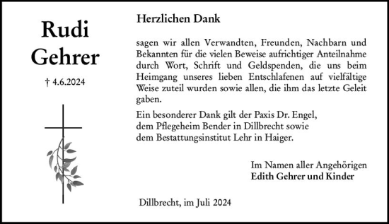 Traueranzeige von Rudi Gehrer von Dill Block