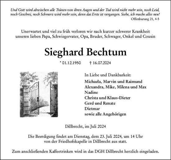Traueranzeige von Sieghard Bechtum von Dill Block