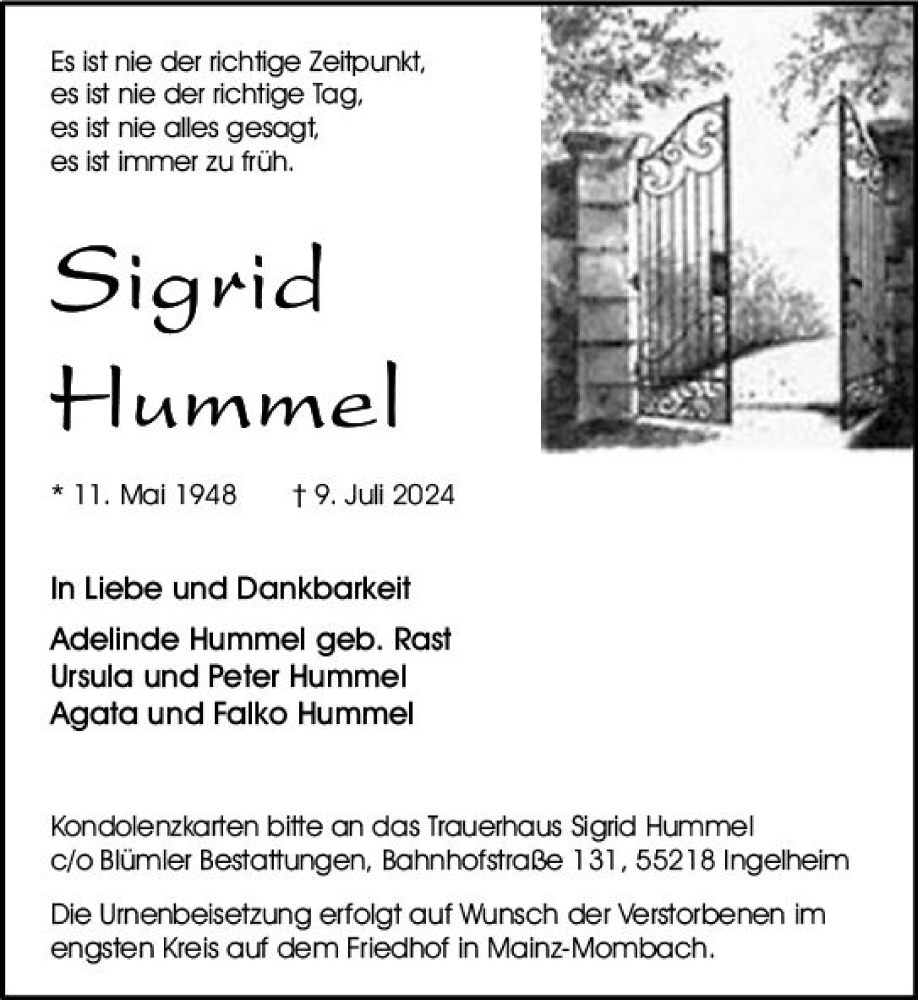  Traueranzeige für Sigrid Hummel vom 13.07.2024 aus Allgemeine Zeitung Mainz