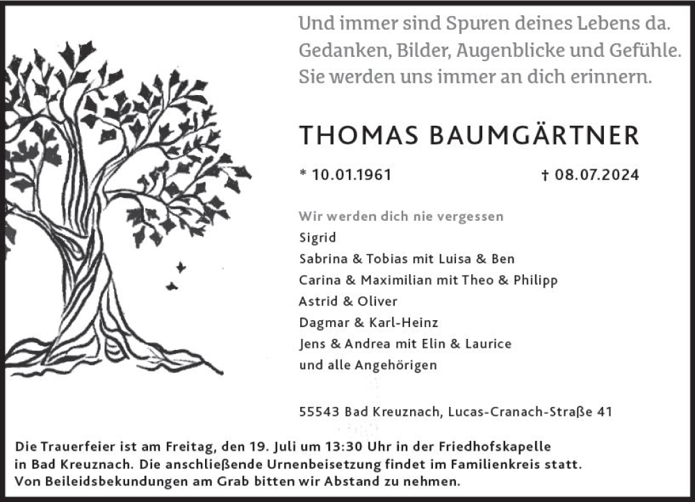 Traueranzeige für Thomas Baumgärtner vom 13.07.2024 aus Allgemeine Zeitung Rheinhessen-Nahe
