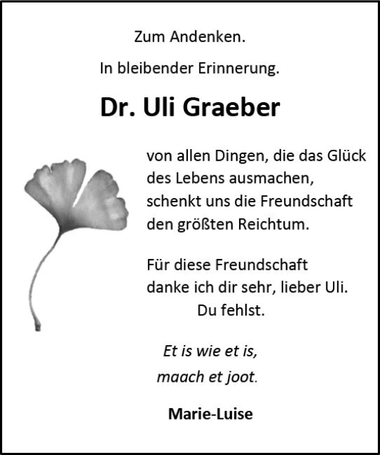 Traueranzeige von Uli Graeber von Allgemeine Zeitung Alzey