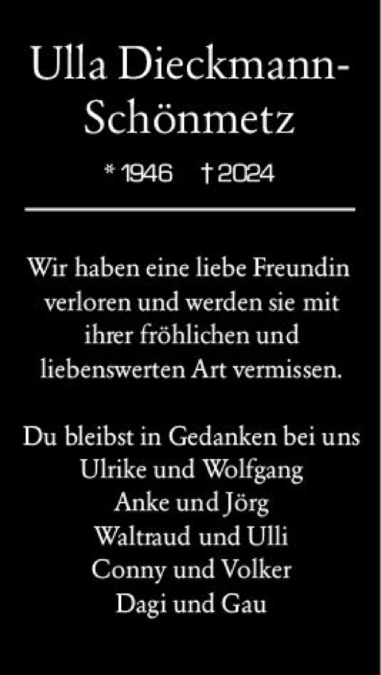 Traueranzeige von Ulla Dieckmann-Schönmetz von Darmstädter Echo