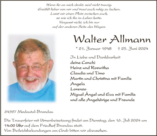 Traueranzeige von Walter Allmann von Darmstädter Echo