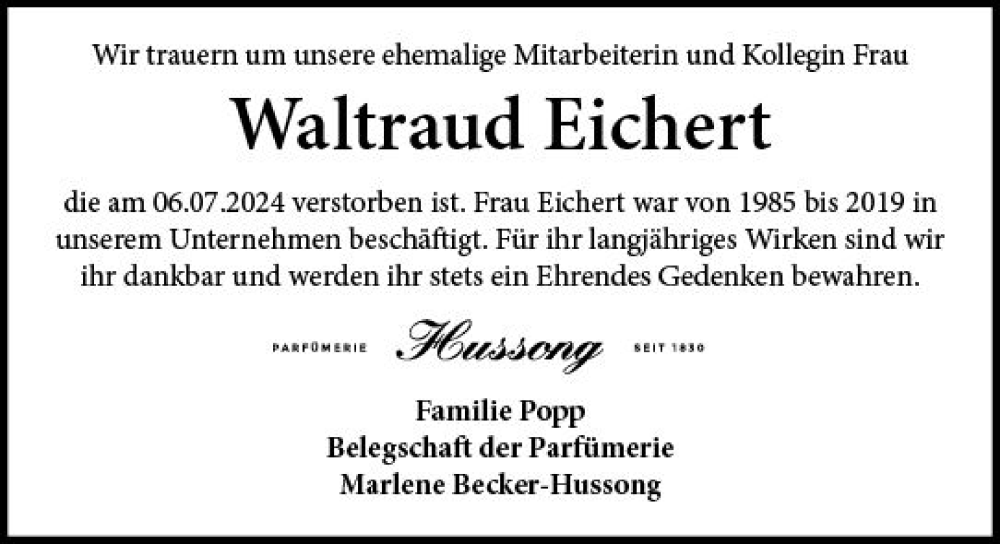  Traueranzeige für Waltraud Eichert vom 27.07.2024 aus Allgemeine Zeitung Mainz