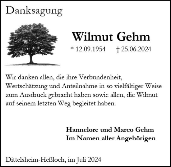Traueranzeige von Wilmut Gehm von Allgemeine Zeitung Alzey
