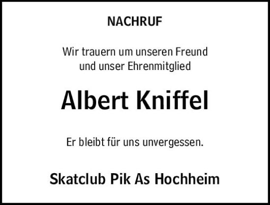Traueranzeige von Albert Kniffel von Hochheimer Zeitung