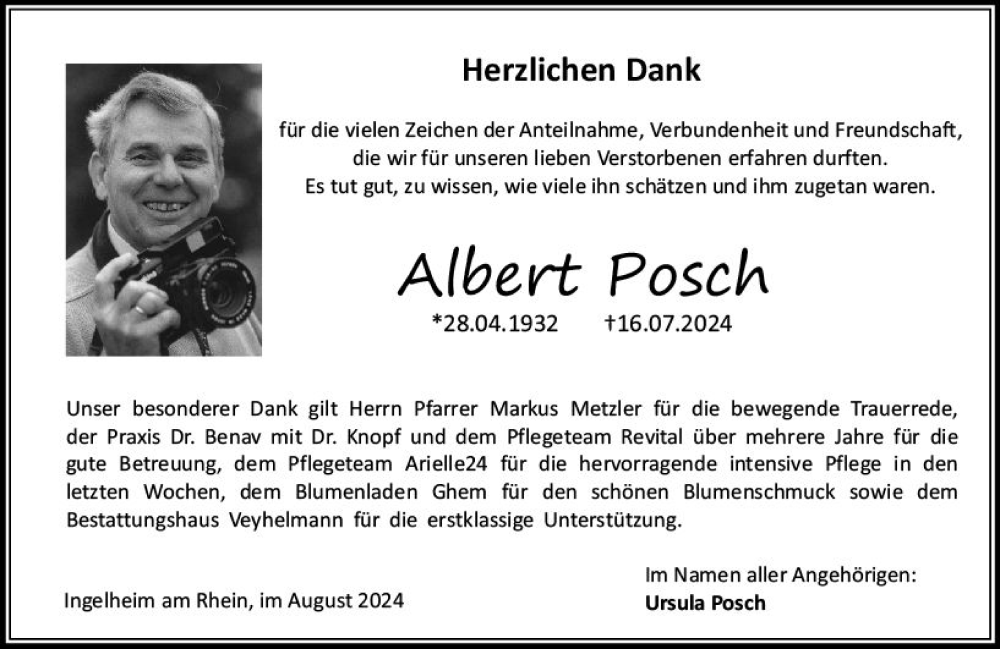  Traueranzeige für Albert Posch vom 10.08.2024 aus Allgemeine Zeitung Rheinhessen-Nahe