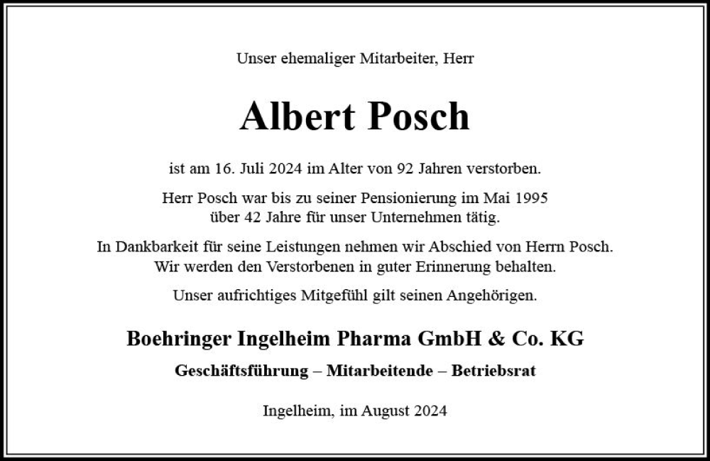  Traueranzeige für Albert Posch vom 01.08.2024 aus Allgemeine Zeitung Rheinhessen-Nahe