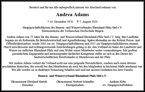 Traueranzeige von Andrea Adams von Allgemeine Zeitung Rheinhessen-Nahe