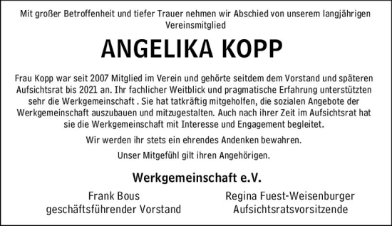 Traueranzeige von Angelika Kopp von Wiesbadener Kurier
