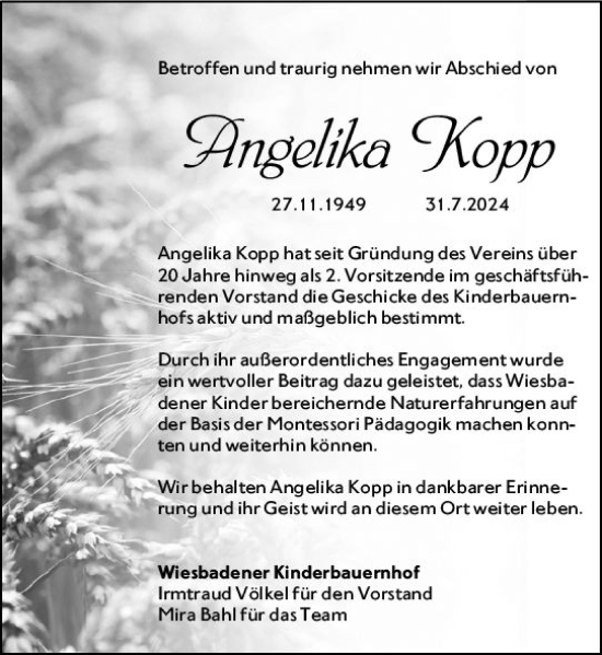 Traueranzeige von Angelika Kopp von Wiesbadener Kurier