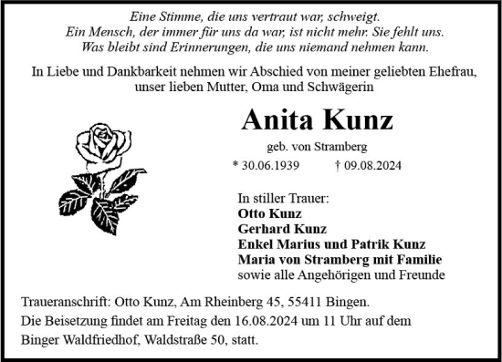 Traueranzeige von Anita Kunz von Allgemeine Zeitung Rheinhessen-Nahe