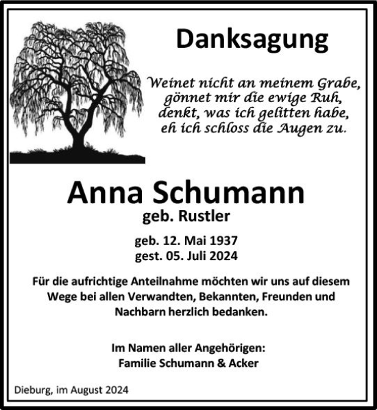 Traueranzeige von Anna Schumann von Dieburger Anzeiger/Groß-Zimmerner Lokal-Anzeiger