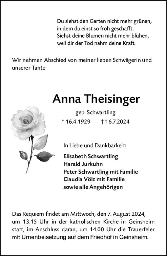 Traueranzeige von Anna Theisinger von Groß-Gerauer Echo
