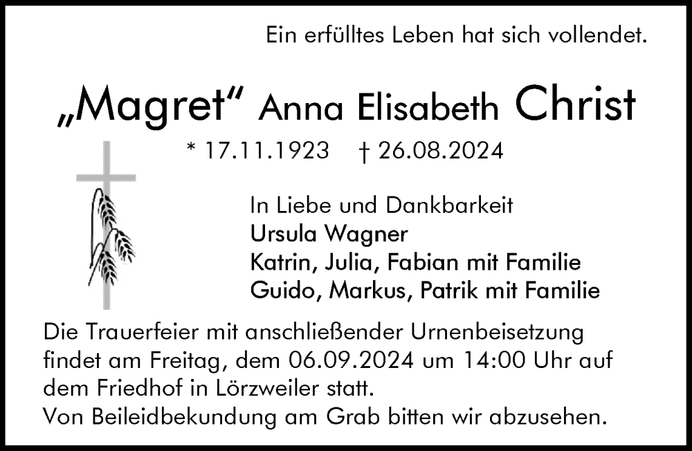  Traueranzeige für Anna Elisabeth Christ vom 31.08.2024 aus Allgemeine Zeitung Mainz