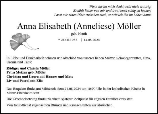 Traueranzeige von Anna Elisabeth Möller von Allgemeine Zeitung Mainz