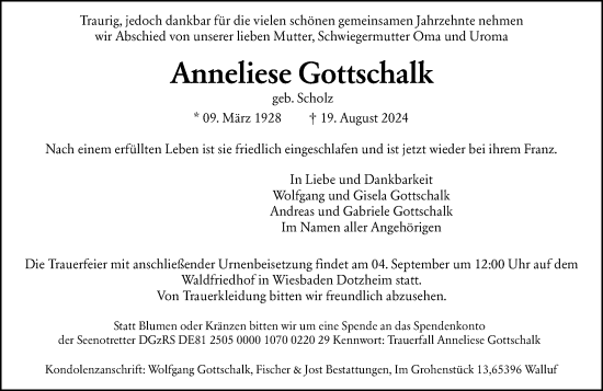 Traueranzeige von Anneliese Gottschalk von Wiesbadener Kurier