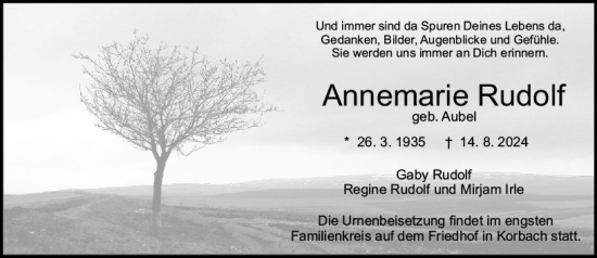 Traueranzeige von Annemarie Rudolf von Darmstädter Echo