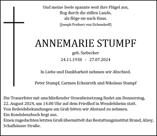 Traueranzeige von Annemarie Stumpf von Allgemeine Zeitung Alzey