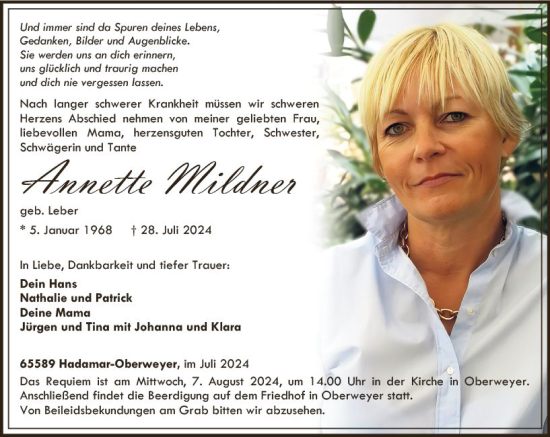 Traueranzeige von Annette Mildner von Nassauische Neue Presse