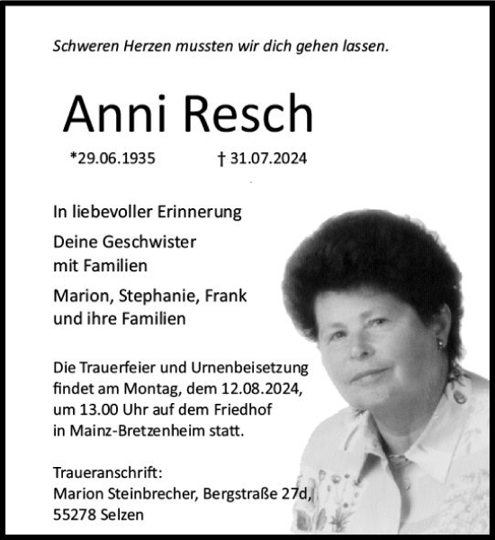 Traueranzeige von Anni Resch von Allgemeine Zeitung Mainz