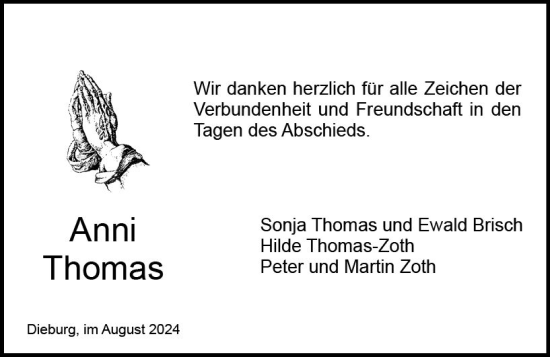 Traueranzeige von Anni Thomas von Dieburger Anzeiger/Groß-Zimmerner Lokal-Anzeiger