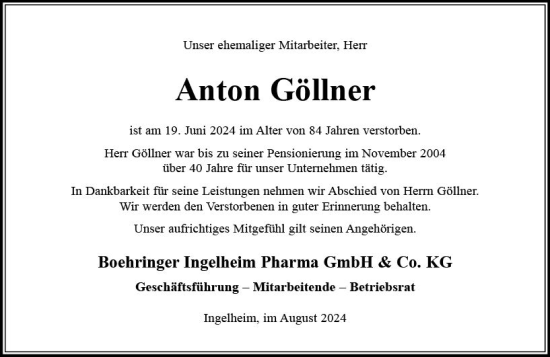 Traueranzeige von Anton Göllner von Allgemeine Zeitung Rheinhessen-Nahe