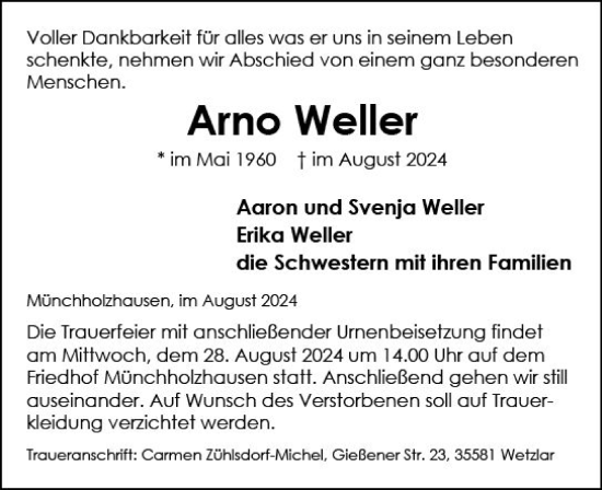 Traueranzeige von Arno Weller von Wetzlarer Neue Zeitung