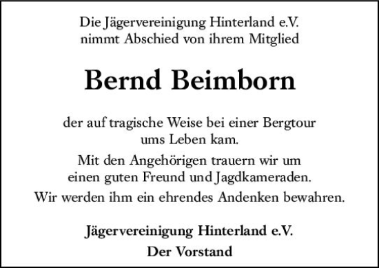 Traueranzeige von Bernd Beimborn von Hinterländer Anzeiger
