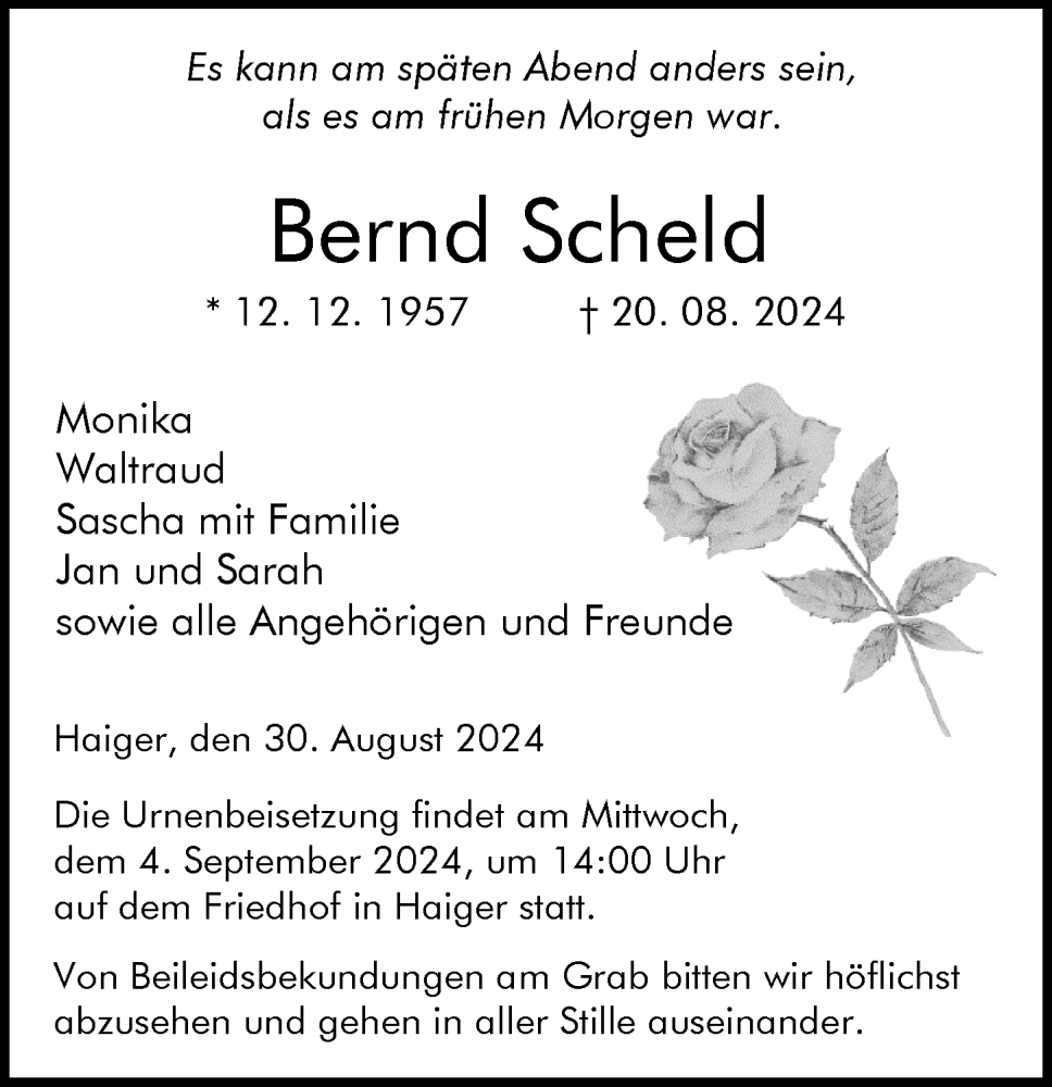  Traueranzeige für Bernd Scheld vom 30.08.2024 aus Dill Block