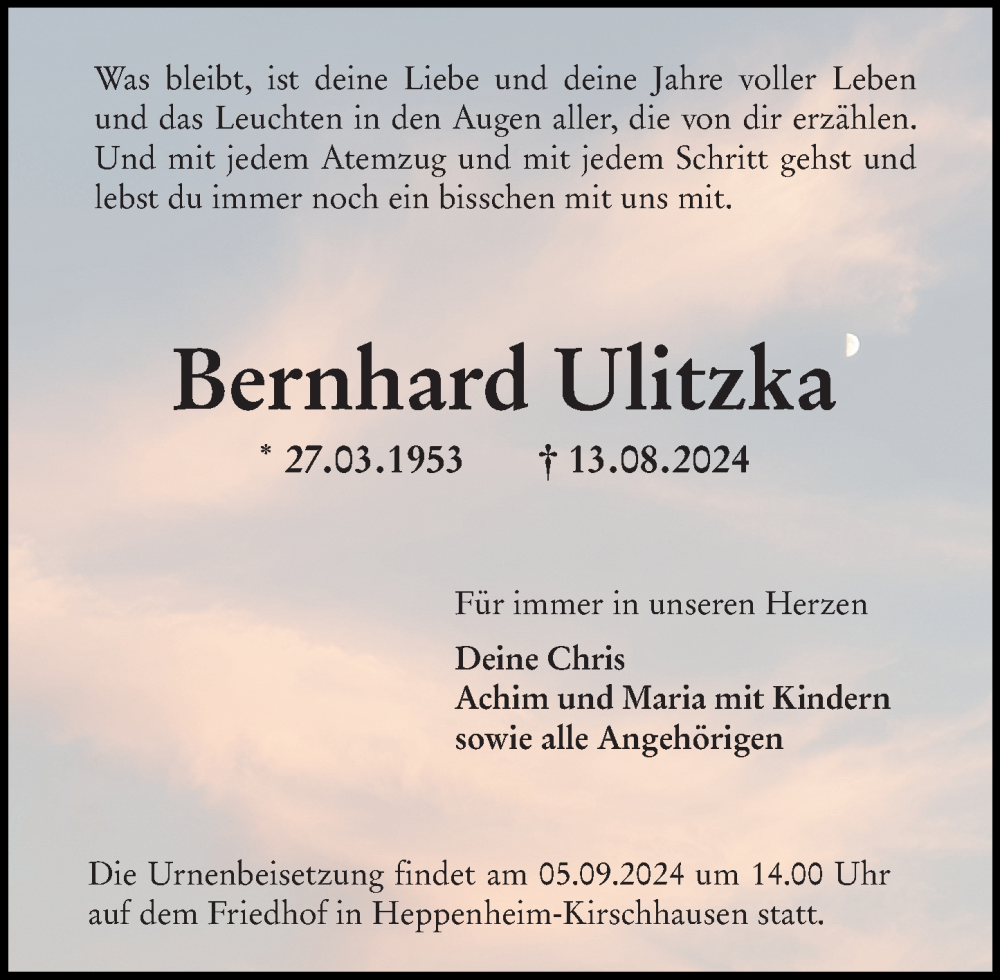  Traueranzeige für Bernhard Ulitzka vom 31.08.2024 aus Bergsträßer Anzeiger