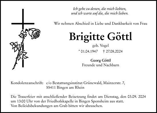 Traueranzeige von Brigitte Göttl von Allgemeine Zeitung Rheinhessen-Nahe
