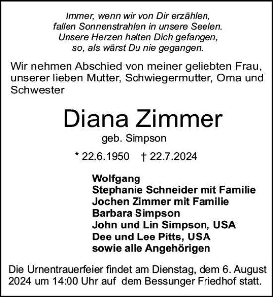 Traueranzeige von Diana Zimmer von Darmstädter Echo