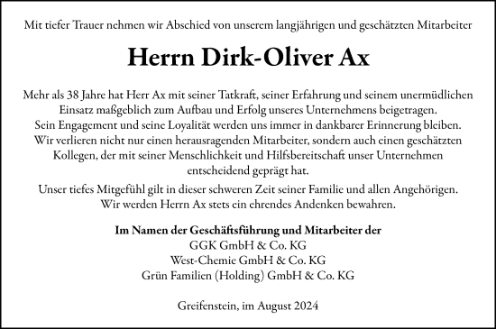 Traueranzeige von Dirk-Oliver Ax von Weilburger Tageblatt