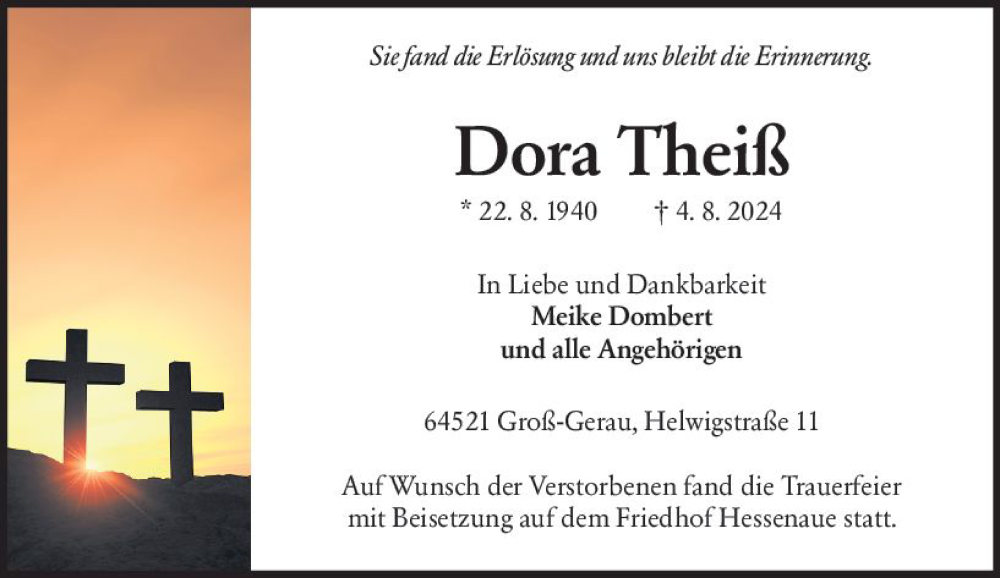  Traueranzeige für Dora Theiß vom 17.08.2024 aus Groß-Gerauer Echo