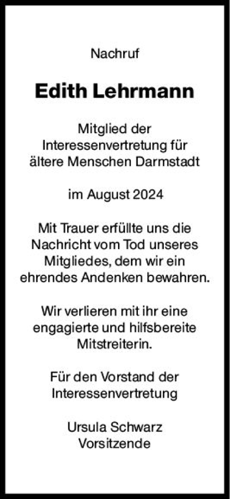 Traueranzeige von Edith Lehrmann von Darmstädter Echo