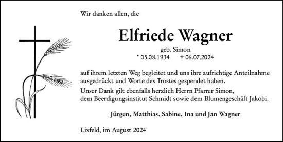 Traueranzeige von Elfriede Wagner von Hinterländer Anzeiger