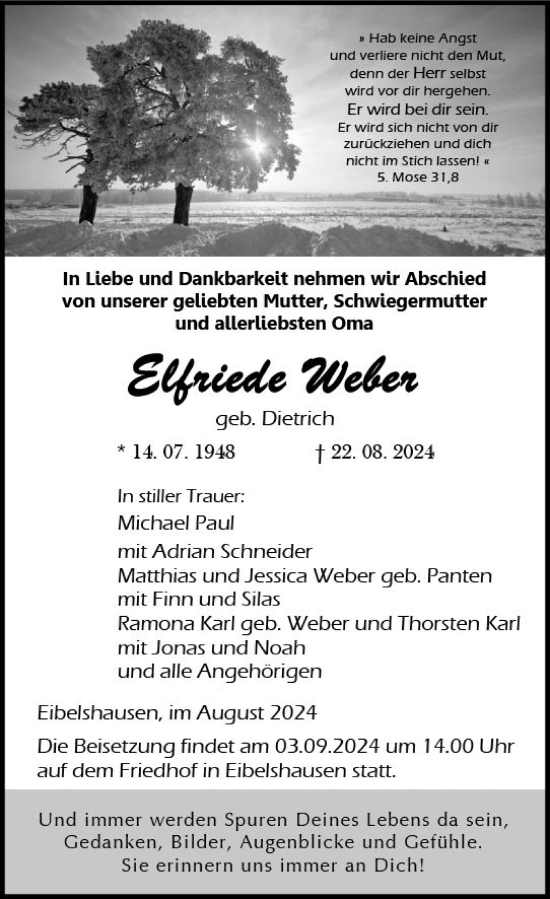 Traueranzeige von Elfriede Weber von Dill Block
