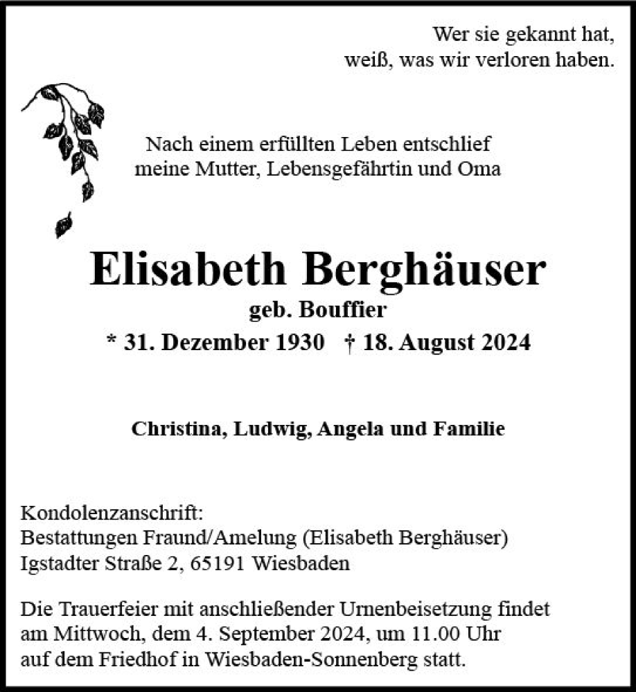  Traueranzeige für Elisabeth Berghäuser vom 24.08.2024 aus Wiesbadener Kurier