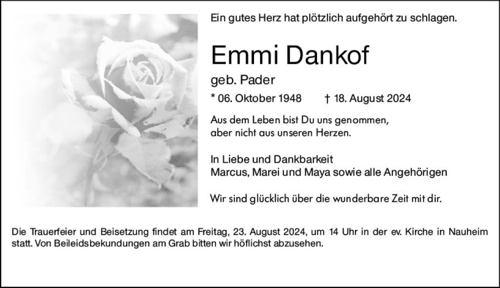  Traueranzeige für Emmi Dankof vom 21.08.2024 aus Nassauische Neue Presse