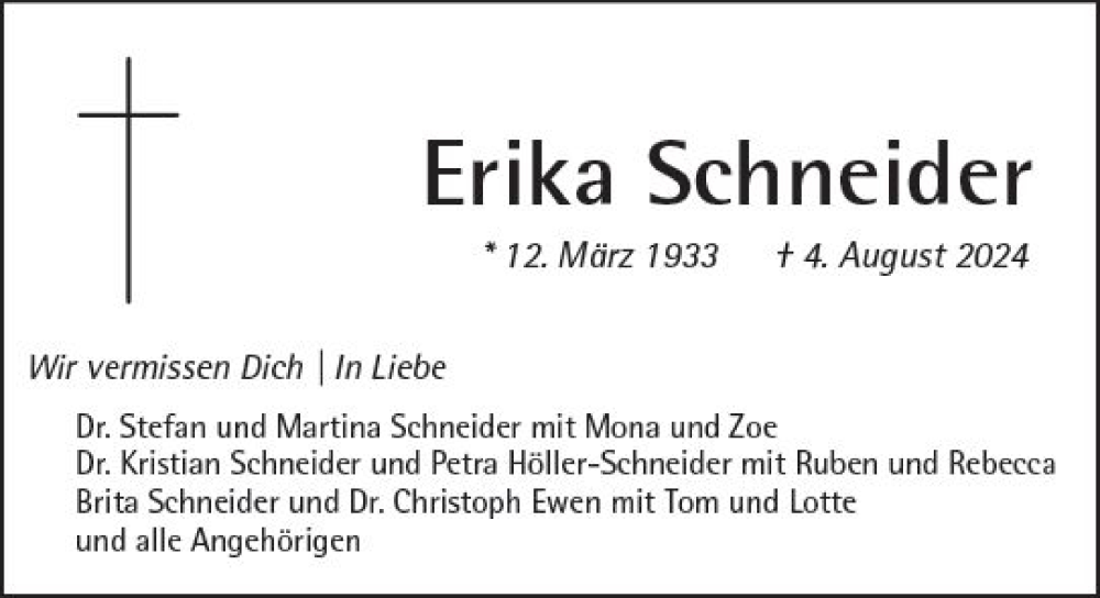  Traueranzeige für Erika Schneider vom 07.08.2024 aus Darmstädter Echo
