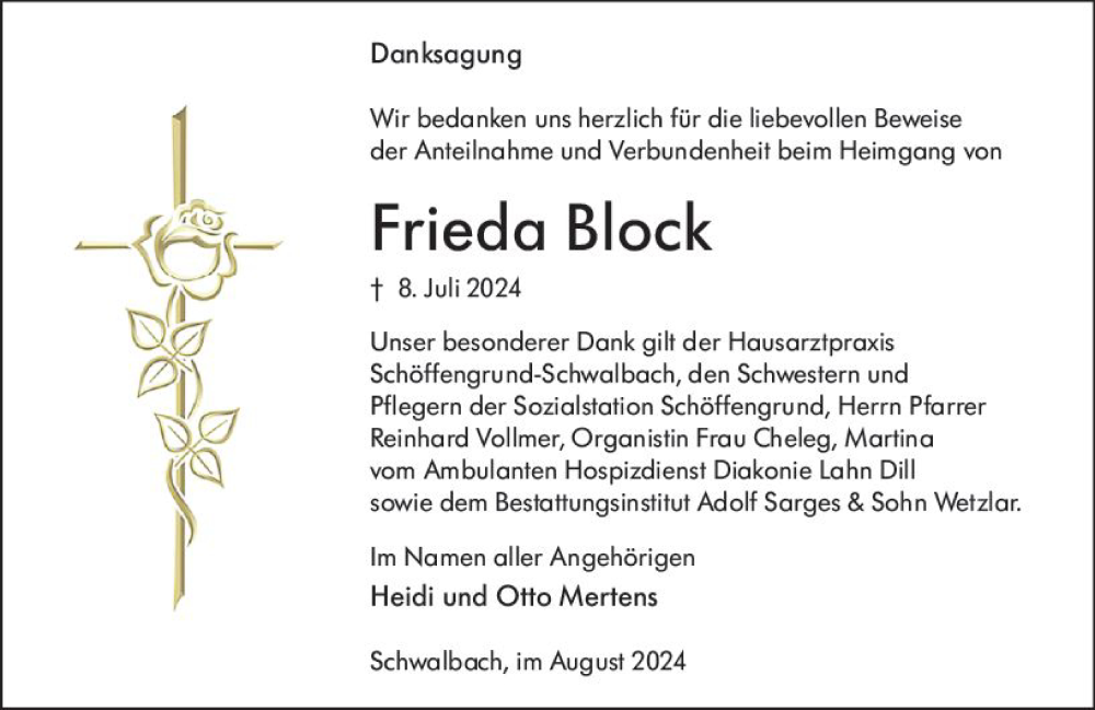  Traueranzeige für Frieda Block vom 10.08.2024 aus Wetzlarer Neue Zeitung