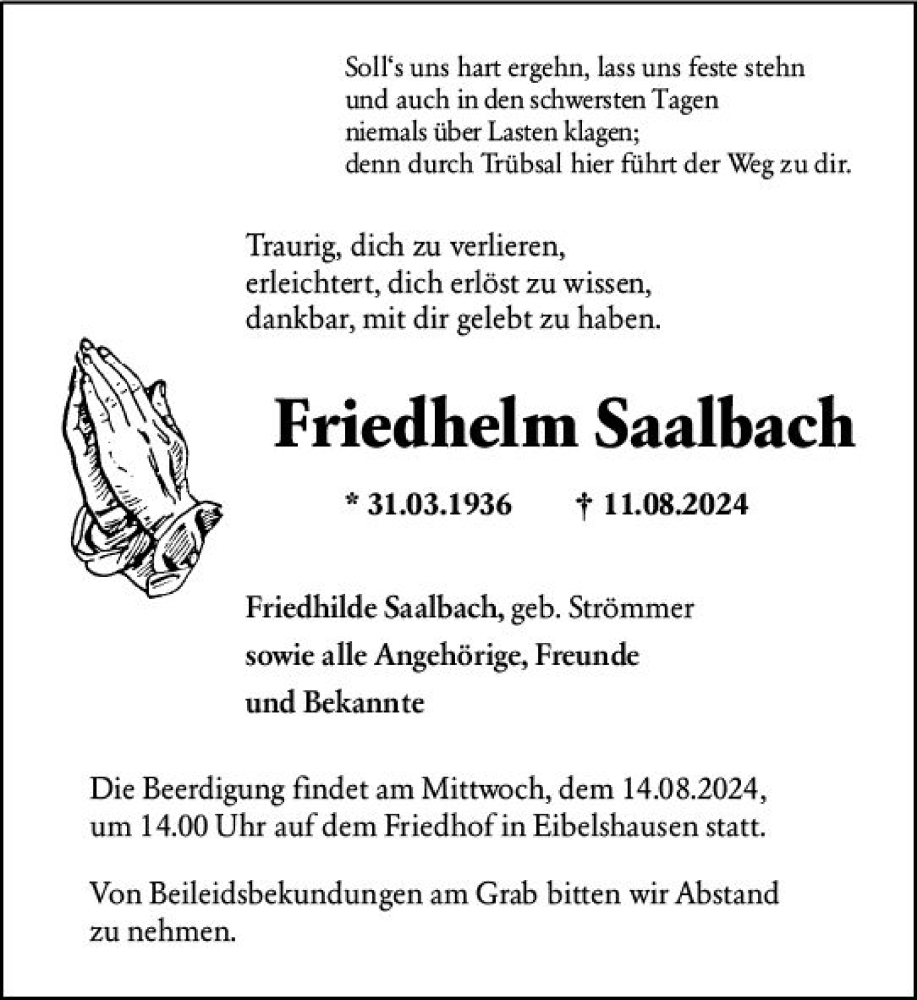  Traueranzeige für Friedhelm Saalbach vom 13.08.2024 aus Dill Block
