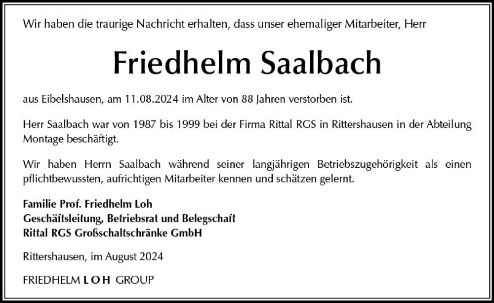  Traueranzeige für Friedhelm Saalbach vom 17.08.2024 aus Dill Block